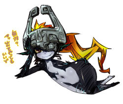 Rule 34 | 1girl, colored sclera, fang, flat chest, helmet, long hair, looking at viewer, lying, midna, navel, nintendo, on side, orange hair, pointy ears, red eyes, smile, solo, the legend of zelda, the legend of zelda: twilight princess, translation request, wide hips, yakibuta (shimapow), yellow sclera