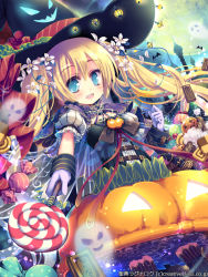 Rule 34 | 1girl, bad id, bad pixiv id, bat (animal), blonde hair, blue eyes, candy, chocolate, chocolate bar, cookie, copyright name, corset, cowboy shot, dress, dutch angle, flower, food, full moon, ghost, hair flower, hair ornament, halloween, hat, jack-o&#039;-lantern, lollipop, long hair, moon, original, solo, spire, standing, thighhighs, twintails, witch hat, wrapped candy, yamadori yoshitomo