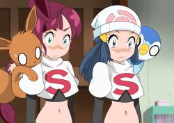 Rule 34 | 2girls, absurdres, beanie, blurry, chloe (pokemon), closed mouth, commentary request, creatures (company), dawn (pokemon), eevee, elbow gloves, eyelashes, frown, game freak, gen 1 pokemon, gen 4 pokemon, gloves, green eyes, hainchu, hair ornament, hairclip, hat, highres, indoors, jacket, logo, long hair, looking down, multiple girls, navel, nintendo, on shoulder, piplup, pokemon, pokemon (anime), pokemon (creature), pokemon journeys, pokemon on shoulder, purple hair, shirt, sidelocks, sweatdrop, upper body, white headwear, white jacket
