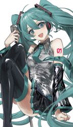 Rule 34 | 1girl, :d, absurdres, aqua hair, aqua necktie, arm support, bare shoulders, black footwear, black skirt, black sleeves, blue eyes, boots, collared shirt, commentary, detached sleeves, grey shirt, hair between eyes, hair ornament, hatsune miku, headphones, highres, holding, holding microphone, knees up, long hair, looking at viewer, microphone, necktie, number tattoo, open mouth, pleated skirt, shiny clothes, shirt, shoulder tattoo, simple background, sitting, skirt, sleeveless, sleeveless shirt, smile, solo, tachibana wataru (123tsuki), tattoo, thigh boots, very long hair, vintage microphone, vocaloid, white background