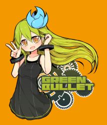 Rule 34 | 1girl, blush, circle name, green hair, ico (green bullet), kimidori (ico), long hair, looking at viewer, open mouth, orange background, original, simple background, smile, solo, v