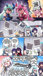 Rule 34 | +++, 6+girls, :o, ?, ^ ^, absurdres, ahoge, anger vein, angry, arm up, armor, armpits, bare shoulders, black gloves, blue eyes, blue hair, breasts, bronya zaychik, bronya zaychik (herrscher of truth), brown hair, chinese clothes, closed eyes, commentary, detached sleeves, english commentary, english text, flower, gloves, grey hair, hair between eyes, hair flower, hair ornament, halo, hand on another&#039;s shoulder, hare (honkai impact), high ponytail, highres, holding, holding paper, holding phone, honkai (series), honkai impact 3rd, kiana kaslana, kiana kaslana (herrscher of finality), li sushang, li sushang (jade knight), liliya olenyeva, long hair, looking at another, looking at phone, mhunter 45, multicolored hair, multiple girls, no eyes, no mouth, no nose, official art, open hand, open mouth, orange hair, paper, phone, pink hair, qr code, raiden mei, raiden mei (herrscher of origin), red gloves, rozaliya olenyeva, seele (alter ego), seele vollerei, seele vollerei (stygian nymph), short hair, sigh, sign, small breasts, star (symbol), streaked hair, susannah manatt, susannah manatt (valkyrie quicksand), sweatdrop, upper body, v-shaped eyebrows, white gloves, white hair