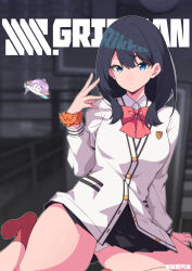 Rule 34 | 1girl, absurdres, anchorage akiko, black hair, black skirt, blue eyes, blurry, blurry background, bow, closed mouth, collared shirt, copyright name, depth of field, dress shirt, gridman universe, hair between eyes, hand up, highres, jacket, long hair, no shoes, panties, pleated skirt, red bow, red socks, shirt, skirt, socks, solo, ssss.gridman, takarada rikka, underwear, white jacket, white panties, white shirt
