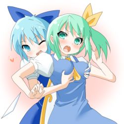 Rule 34 | 2girls, between breasts, blue eyes, blue hair, blush, breasts, cirno, daiyousei, derivative work, grabbing, grabbing another&#039;s breast, green eyes, green hair, hairband, kuromu (underporno), multiple girls, one eye closed, short hair, side ponytail, simple background, touhou, upper body, wink, yuri