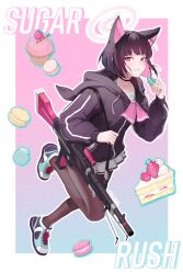 Rule 34 | 1girl, absurdres, animal ears, black hair, black jacket, black pantyhose, blue archive, blush, cat ears, closed mouth, colored inner hair, extra ears, food, full body, gun, hair ornament, hairclip, halo, highres, hood, hood down, hooded jacket, jacket, kazusa (blue archive), long sleeves, looking at viewer, macaron, muffin, multicolored hair, pantyhose, pink hair, pink halo, pleated skirt, red eyes, shoes, short hair, skirt, solo, weapon, white skirt, y0ung