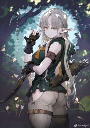 Rule 34 | 1girl, absurdres, armband, arrow (projectile), ass, black gloves, blood, bow (weapon), breasts, commentary, cowboy shot, dappled sunlight, day, elf, fingerless gloves, forest, gloves, green hoodie, grey hair, grey pants, highres, hip vent, holding, holding bow (weapon), holding hair, holding own hair, holding weapon, hood, hood down, hoodie, jun (navigavi), long hair, looking at viewer, medium breasts, nature, orc, original, outdoors, pants, parted lips, pointy ears, quiver, sleeveless, sleeveless hoodie, smile, solo focus, standing, sunlight, thigh strap, translated, weapon, weibo logo, weibo watermark, yellow eyes