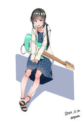 Rule 34 | 1girl, absurdres, artist name, attyon, black hair, blue dress, commentary request, dated, dress, electric guitar, fender stratocaster, fubuki (kancolle), full body, green eyes, guitar, highres, hood, hooded jacket, hoodie, instrument, jacket, kantai collection, long hair, looking at viewer, low ponytail, official alternate costume, polka dot, polka dot dress, ponytail, short ponytail, sidelocks, sitting, solo, toeless footwear, white jacket