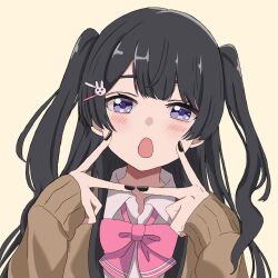 Rule 34 | 1girl, :o, black hair, black nails, blue eyes, blush, bow, bowtie, brown cardigan, cardigan, collared shirt, dot nose, double v, gyaru, hands up, head tilt, highres, kinomiki, long hair, long sleeves, looking at viewer, nail polish, nijisanji, open cardigan, open clothes, open mouth, pink bow, pink bowtie, portrait, shirt, sidelocks, simple background, solo, textless version, tsukino mito, two side up, v, v over mouth, virtual youtuber, white shirt, yellow background