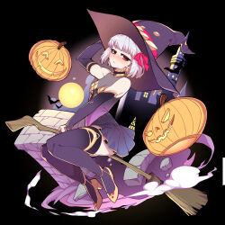 Rule 34 | 1girl, armlet, bare shoulders, blush, bracelet, breasts, broom, broom riding, collar, detached sleeves, dress, earrings, fate/grand order, fate (series), hair ribbon, halloween, hat, highres, hyperbudd, jack-o&#039;-lantern, jewelry, kama (fate), kama (first ascension) (fate), looking at viewer, metal collar, miniskirt, pumpkin, purple dress, purple skirt, purple sleeves, purple thighhighs, red eyes, ribbon, short hair, skirt, small breasts, solo, thighhighs, thighlet, thighs, white hair, witch hat