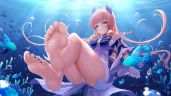 Rule 34 | 1girl, absurdres, air bubble, arayuki (sakurafubuki), bare legs, bare shoulders, barefoot, blue bow, blue eyes, blue nails, blunt bangs, bow, bubble, cameltoe, commentary request, coral, crossed ankles, detached sleeves, feet, female focus, fish, floating hair, foot focus, foreshortening, full body, genshin impact, gloves, hair ornament, highres, long hair, looking at viewer, nail polish, parted lips, pink hair, sangonomiya kokomi, shorts, soles, solo, toenail polish, toenails, toes, underwater, vision (genshin impact), white gloves, white shorts, wide sleeves