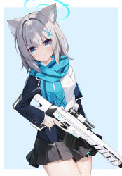 Rule 34 | 1girl, animal ear fluff, animal ears, assault rifle, black jacket, black skirt, blue archive, blue background, blue eyes, blue necktie, blue scarf, closed mouth, commentary, dutch angle, fringe trim, grey hair, gun, hair ornament, halo, highres, holding, holding gun, holding weapon, jacket, long sleeves, looking at viewer, nanamomo rio, necktie, off shoulder, open mouth, pleated skirt, rifle, scarf, scope, shiroko (blue archive), shirt, sig sauer 556, skirt, sleeves past wrists, smile, solo, two-tone background, weapon, white background, white shirt