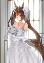 Rule 34 | animal ears, backlighting, bouquet, bow, breasts, brown hair, choker, cowboy shot, daiwa scarlet (umamusume), dress, elbow gloves, flower, gloves, hair bow, headdress, henshako, holding, holding bouquet, horse ears, horse girl, horse tail, jewelry, large breasts, leaf, necklace, pillar, red eyes, rose, tail, tiara, umamusume, wedding dress, white choker, white flower, white rose, window