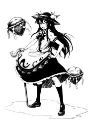 Rule 34 | 1girl, bandaid, bandaid on face, black socks, fkey, food, fruit, full body, greyscale, hat, highres, hinanawi tenshi, keystone, kneehighs, legs apart, long hair, looking at viewer, monochrome, peach, puffy short sleeves, puffy sleeves, rope, shimenawa, shirt, shoes, short sleeves, simple background, skirt, socks, solo, standing, sword of hisou, touhou, white background