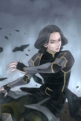 Rule 34 | 1girl, androgynous, armor, avatar: the last airbender, avatar legends, bag, belt, belt buckle, belt pouch, black hair, buckle, closed mouth, cowboy shot, elbow pads, green pants, grey background, knee pads, lin bei fong, lips, long sleeves, looking to the side, motion blur, moyuu, nickelodeon, pants, rubble, short hair, solo, the legend of korra