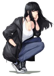 Rule 34 | 1girl, absurdres, black hair, black jacket, blunt bangs, breasts, casual, cleavage, closed mouth, commentary, converse, denim, english commentary, grey eyes, hand in pocket, hand on own cheek, hand on own face, highres, jacket, jeans, large breasts, long hair, looking at viewer, lynus, original, pants, shirt, shoes, sneakers, solo, squatting, tank top, white shirt
