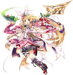 Rule 34 | 1girl, blonde hair, detached sleeves, flower, full body, green eyes, hair flower, hair ornament, holding, holding spear, holding weapon, kamei (oshiro project), matoki misa, official art, one eye closed, open mouth, oshiro project:re, oshiro project:re, polearm, solo, spear, transparent background, weapon