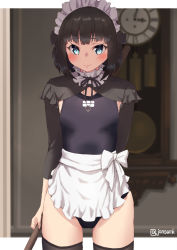 Rule 34 | 1girl, apron, artist name, black hair, black one-piece swimsuit, black ribbon, black thighhighs, blue eyes, blunt bangs, bow, breasts, clock, closed mouth, commentary request, competition swimsuit, cowboy shot, fang, fang out, frilled apron, frills, holding, jonsun, long sleeves, maid headdress, neck garter, one-piece swimsuit, original, pendulum clock, ribbon, short hair, shrug (clothing), skin fang, small breasts, smile, solo, swimsuit, thighhighs, twitter username, waist apron, white apron, white bow