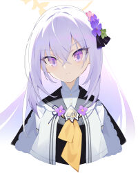 Rule 34 | 1girl, ascot, azusa (blue archive), blue archive, closed mouth, crossed bangs, flower, hair between eyes, hair flower, hair ornament, halo, highres, long hair, looking at viewer, miyuki or69, pink eyes, purple flower, simple background, solo, upper body, white background, white hair, yellow ascot, yellow halo
