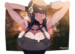 Rule 34 | 1girl, armpits, arms behind head, arms up, black hair, blush, border, breasts, cleavage, collared dress, dress, earrings, hairband, jewelry, large breasts, long hair, looking at viewer, namaniku atk, outside border, red eyes, sidelocks, sleeveless, solo, spy x family, sweat, sweatdrop, torn clothes, white border, yor briar