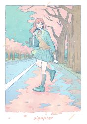 Rule 34 | 1girl, bag, blue sky, blush, bow, bowtie, brown vest, cherry blossoms, closed eyes, day, highres, holding, holding phone, junngoro, long hair, open mouth, original, outdoors, petals, phone, pink hair, pleated skirt, red bow, red bowtie, road, shoes, shoulder bag, skirt, sky, smile, socks, solo, tree, vest