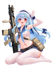 1girl :d absurdres allenes belt blue_bow blue_hair blue_sailor_collar blue_skirt blue_wrist_cuffs blush bow breasts brown_belt commentary_request gun hair_bow highres holding holding_gun holding_weapon long_hair medium_breasts navel open_mouth original red_eyes sailor_collar simple_background skirt smile solo thighhighs tongue underboob utility_belt weapon white_background white_thighhighs wrist_cuffs