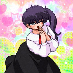 Rule 34 | 1girl, ;d, black hair, black skirt, cowboy shot, grey eyes, heart, heart background, kunou kodachi, long hair, long sleeves, looking at viewer, official style, one eye closed, open mouth, own hands together, ranma 1/2, school uniform, side ponytail, skirt, smile, solo, star (symbol), starry background, wanta (futoshi)