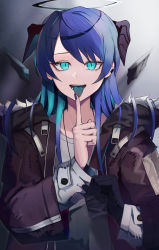 Rule 34 | 1girl, absurdres, arknights, black coat, black gloves, blue eyes, blue hair, blue tongue, coat, colored tongue, commentary request, detached wings, ear piercing, fur-trimmed coat, fur trim, gloves, unworn gloves, gradient hair, halo, highres, holding, holding clothes, holding gloves, horns, index finger raised, long hair, long sleeves, looking at viewer, mostima (arknights), multicolored hair, open clothes, open coat, open mouth, piercing, saiun sigma, shirt, slit pupils, solo, teeth, tongue, tongue out, upper body, white shirt, wings