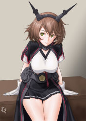 Rule 34 | 1girl, breasts, brown hair, commentary request, flipped hair, gloves, green eyes, hairband, headgear, highres, kantai collection, large breasts, midriff, miniskirt, mutsu (kancolle), mutsu kai ni (kancolle), radio antenna, short hair, sitting, skirt, smile, solo, t2r, white gloves