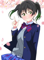 Rule 34 | 1girl, absurdres, black hair, blazer, blue jacket, blue skirt, blush, bow, bowtie, cherry blossoms, closed mouth, collared shirt, commentary, commentary request, falling petals, gradient hair, green eyes, green hair, grey vest, hair between eyes, highres, jacket, long sleeves, looking at viewer, love live!, love live! nijigasaki high school idol club, medium hair, multicolored hair, open clothes, open jacket, otonokizaka school uniform, petals, plaid, plaid skirt, pleated skirt, pointing, pointing up, red bow, red bowtie, school uniform, shinonome sakura, shirt, sidelocks, skirt, smile, solo, striped bow, striped bowtie, striped clothes, takasaki yu, twintails, upper body, vest, white background, white shirt, winter uniform