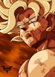Rule 34 | 1boy, absurdres, batm andrew, blonde hair, blood, blood on face, commentary, derivative work, disappointed, dragon ball, dragonball z, english commentary, frown, green eyes, highres, male focus, comic panel redraw, portrait, solo, son goku, super saiyan, super saiyan 1, sweat, watermark
