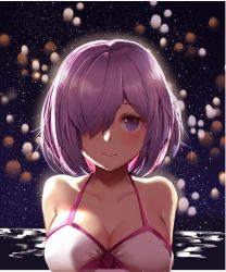 Rule 34 | 1girl, arm behind back, bad id, bad pixiv id, blush, breasts, cleavage, collarbone, fate/grand order, fate (series), hair over one eye, highres, large breasts, looking at viewer, mash kyrielight, mash kyrielight (swimsuit of perpetual summer), official alternate costume, parayang, purple eyes, purple hair, short hair, sideboob, sky, sleeveless, smile, solo, star (sky), starry sky, upper body