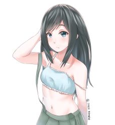Rule 34 | 10s, 1girl, asashio (kancolle), bad id, bad pixiv id, bare shoulders, black hair, blue bra, blue eyes, blush, bra, breasts, closed mouth, disco brando, frilled bra, frills, hand on own head, highres, kantai collection, long hair, looking at viewer, navel, no shirt, pleated skirt, simple background, skirt, small breasts, solo, strap slip, suspender skirt, suspenders, suspenders slip, underwear, upper body, white background