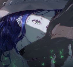 Rule 34 | 1boy, 1girl, absurdres, bad id, bad pixiv id, blaidd the half-wolf, blue eyes, blue hair, blue skin, cho ryuu, colored skin, commentary request, elden ring, fingernails, furry, furry male, hat, highres, lips, one eye closed, ranni the witch, upper body, white headwear, witch hat