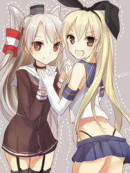 Rule 34 | &gt;:d, 10s, 2girls, :d, amatsukaze (kancolle), bad id, bad pixiv id, blonde hair, dotted line, dress, elbow gloves, fang, gloves, holding hands, interlocked fingers, kantai collection, long hair, looking at viewer, looking back, multiple girls, nunucco, open mouth, sailor dress, school uniform, serafuku, shimakaze (kancolle), short dress, simple background, skirt, smile, thighhighs, two side up, v-shaped eyebrows, very long hair, zettai ryouiki