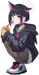 Rule 34 | 1girl, animal ears, black hair, black hoodie, black pantyhose, blue archive, blunt bangs, blush, bob cut, cat ears, commentary request, cross-laced footwear, cup, disposable cup, drinking, drinking straw, extra ears, from side, full body, green sailor collar, hair ornament, hairclip, halo, highres, holding, holding cup, hood, hood down, hoodie, kazusa (blue archive), looking at viewer, miniskirt, neckerchief, nichijo, pantyhose, pink eyes, pink hair, pink halo, pink neckerchief, pleated skirt, sailor collar, shoes, short hair, simple background, skirt, sleeves past wrists, sneakers, solo, squatting, starbucks, tsurime, white background, white skirt