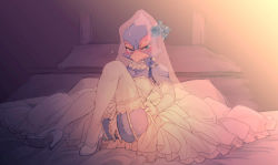 Rule 34 | 1boy, artist request, bare shoulders, beak, blue eyes, blush, breasts, bridal veil, choker, clothes lift, covering privates, covering crotch, crossdressing, dress, dress lift, elbow gloves, embarrassed, facing viewer, falco lombardi, frilled choker, frills, full body, furry, furry male, garter straps, gloves, high heels, knee up, looking at viewer, male focus, nintendo, on floor, pumps, sitting, solo, star fox, sweatdrop, thighhighs, veil, wedding dress, white choker, white footwear, white gloves, white thighhighs