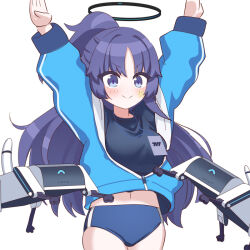 Rule 34 | 1girl, arms up, black shirt, blue archive, blue buruma, blue jacket, buruma, commentary request, drone, facial tattoo, gym shirt, gym uniform, half updo, halo, id card, jacket, lanyard, long hair, long sleeves, looking at viewer, o (rakkasei), official alternate costume, official alternate hairstyle, open clothes, open jacket, parted bangs, purple eyes, purple hair, shirt, short sleeves, sidelocks, simple background, solo, star tattoo, tattoo, track jacket, white background, yuuka (blue archive), yuuka (track) (blue archive)