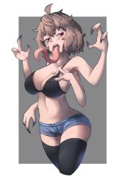 Rule 34 | 1girl, ahoge, bare arms, bare shoulders, black bra, black thighhighs, blue shorts, bra, breasts, brown hair, cleavage, commentary request, cowboy shot, cropped legs, denim, denim shorts, extra arms, fewer digits, grey background, hands up, highres, large breasts, long tongue, monster girl, original, red eyes, short hair, short shorts, shorts, simple background, solo, standing, thighhighs, tongue, tongue out, totoya z, underwear, very long tongue