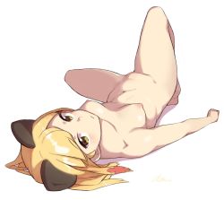 Rule 34 | 1girl, animal ears, artist name, bad id, bad twitter id, barefoot, blonde girl (cloba), blonde hair, breasts, brown eyes, cleft of venus, cloba, closed mouth, completely nude, full body, highres, inactive account, looking at viewer, lying, navel, nipples, nude, on back, original, pussy, short hair, simple background, small breasts, solo, thighs, white background
