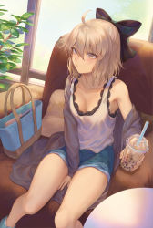 Rule 34 | 1girl, absurdres, ahoge, bag, between legs, black bow, blonde hair, blush, bow, breasts, bubble tea, closed mouth, collarbone, commentary, contemporary, cup, day, denim, denim shorts, disposable cup, expressionless, fate/grand order, fate (series), grey jacket, hair between eyes, hair bow, hair ornament, hand between legs, highres, holding, holding cup, indoors, jacket, koha-ace, long hair, looking away, mashuu (neko no oyashiro), off shoulder, okita souji (fate), okita souji (koha-ace), plant, potted plant, shorts, sitting, small breasts, solo, tank top, window, yellow eyes