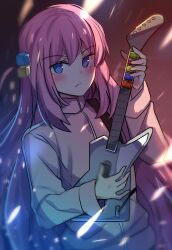 Rule 34 | 1girl, absurdres, blue eyes, blush, bocchi the rock!, closed mouth, commentary, cube hair ornament, english commentary, gotoh hitori, guitar, guitar hero, hair between eyes, hair ornament, hair spread out, hand up, highres, hinghoi, holding, holding instrument, instrument, jacket, light particles, long hair, long sleeves, looking at viewer, motion blur, music, name connection, one side up, pink hair, pink jacket, playing instrument, serious, sidelighting, sidelocks, solo, upper body, v-shaped eyebrows, very long hair