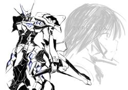 Rule 34 | ayamine kei, fortified suit, glowing, greyscale, head tilt, highres, holding, holding knife, kawasemi alter, knife, looking at viewer, mecha, medium hair, monochrome, muv-luv, muv-luv alternative, pilot suit, robot, science fiction, spot color, tactical surface fighter, type 00 takemikazuchi, visor
