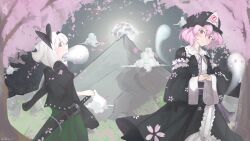 Rule 34 | 0rwk12s, 2girls, alternate color, black hairband, black headwear, black kimono, black vest, cherry blossom print, cherry blossoms, closed mouth, commentary, floral print, ghost, green eyes, green skirt, hairband, hat, highres, japanese clothes, kimono, konpaku youmu, konpaku youmu (ghost), long sleeves, looking at viewer, mob cap, mountain, multiple girls, outdoors, own hands together, pink eyes, pink hair, saigyouji yuyuko, short hair, skirt, smile, sword, touhou, tree, triangular headpiece, vest, weapon