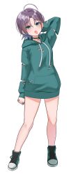 Rule 34 | 1girl, :p, absurdres, ahoge, arm behind head, arm up, asakura toru, black choker, blush, camellia 90, choker, clothing cutout, earrings, full body, green hoodie, highres, hood, hoodie, idolmaster, idolmaster shiny colors, jewelry, looking at viewer, no pants, oversized clothes, parted bangs, purple hair, ring, solo, tongue, tongue out