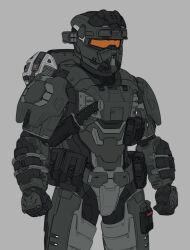 Rule 34 | armor, commentary, commission, cowboy shot, english commentary, full armor, grey background, halo (series), helmet, knife, magazine (weapon), pouch, sheath, sheathed, simple background, solo, spartan (halo), thegraffitisoul