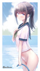 Rule 34 | 1girl, black hair, blue eyes, blush, embarrassed, empty pool, hand on own chest, highres, holding, holding hose, hose, nipples, no pants, nushi ma, original, outdoors, ponytail, pool, school uniform, see-through, serafuku, solo, wet, wet clothes