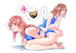 Rule 34 | 2girls, barefoot, blue one-piece swimsuit, brown eyes, brown hair, clenched teeth, commentary request, competition swimsuit, food, full body, highres, long hair, macosee, multiple girls, one-piece swimsuit, open mouth, original, seiza, shaved ice, shrimp, shrimp tempura, simple background, sitting, speech bubble, squatting, stomach ache, swimsuit, tears, teeth, tempura, white background