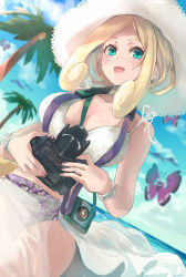 Rule 34 | 1girl, :d, bikini, blonde hair, blue sky, blush, breasts, bug, butterfly, camera, choker, cleavage, cloud, collarbone, creatures (company), e-co, floral print, game freak, gen 6 pokemon, green eyes, gun sling, hat, holding, holding camera, insect, large breasts, nail polish, nintendo, ocean, open mouth, outdoors, palm tree, pokemon, pokemon (creature), pokemon xy, sarong, see-through, sidelocks, sky, sleeveless, smile, sun hat, swimsuit, tree, viola (pokemon), vivillon, water, white bikini, white choker, white headwear, white sarong, wristband