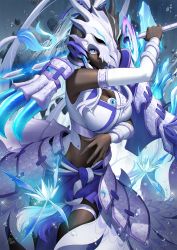 Rule 34 | 1girl, arm up, armor, bare shoulders, blue eyes, breasts, claws, cleavage, clothing request, commentary request, cowboy shot, dark-skinned female, dark skin, detached sleeves, dragon mask, dragon tail, duel monster, glowing, hair ornament, helmet, highres, holding, holding weapon, large breasts, long hair, looking at viewer, masin0201, mask, navel, parted lips, signature, skindentation, solo, stomach, swordsoul of mo ye, tail, teeth, twintails, weapon, white hair, white sleeves, wings, yu-gi-oh!