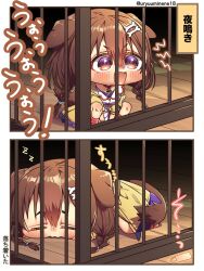 Rule 34 | 1girl, animal ears, artist name, bone hair ornament, border, brown eyes, brown hair, cage, chibi, closed eyes, closed mouth, dog ears, dog girl, dog tail, fangs, hair between eyes, hair ornament, harumina mau, highres, hololive, inugami korone, inugami korone (1st costume), low twintails, lying, multicolored eyes, on stomach, open mouth, panels, purple eyes, red socks, sleeping, socks, solo, tail, translation request, twintails, v-shaped eyebrows, virtual youtuber, white border, wooden floor, zzz